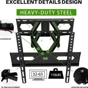 USX MOUNT TV Wall Mount for 32-65 inch Flat Screen/LED/4K up to 110lbs, Full Motion TV Mount Bracket with Swivel & Tilt Articulating Dual Arms, Max VESA 400x400mm, Fits 12/16" Wood Studs - Image 2